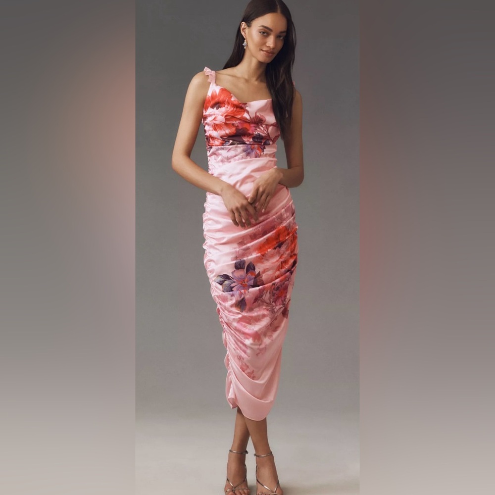 BHLDN Anthropologie ~ Callie Sleeveless Ruched Printed Charmeuse Dress ~ S